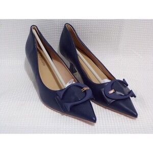 C. Paravano Navy Blue Pointed Tow 2" Kitten Heel Pumps Gold C Buckle Classy 7.5
